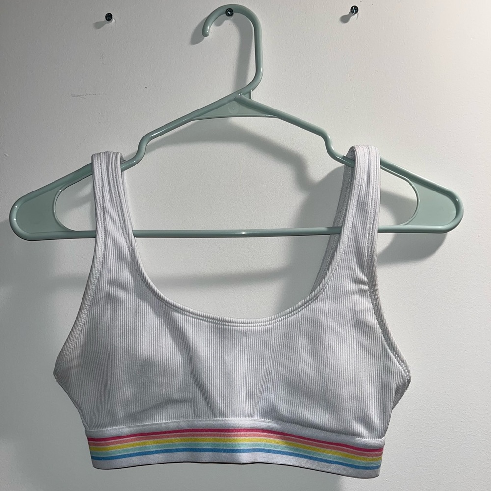 Forever21 bikini top/ sports bra - white with rainbow band, size small